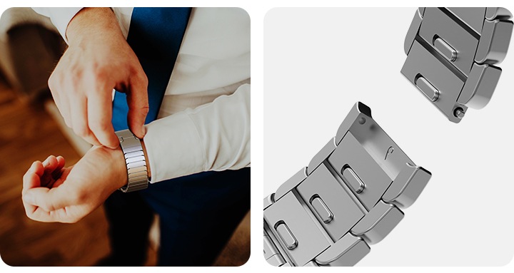 이미지 두 개가 있습니다. 왼쪽에는 메탈 밴드를 착용하려고 하는 남자가 있고, 오른쪽에는 길이 조절이 가능한 메탈 밴드의 기능을 상세히 보여주고 있습니다.