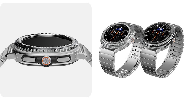 이미지 두 개가 있습니다. 왼쪽에는 메탈 밴드와 실버, 블랙 베젤링이 장착된 갤럭시 워치8 클래식이 보이고 있고, 오른쪽에는 메탈밴드가 장착된 갤럭시 워치8 클래식을 착용한 남자가 보이고 있습니다.