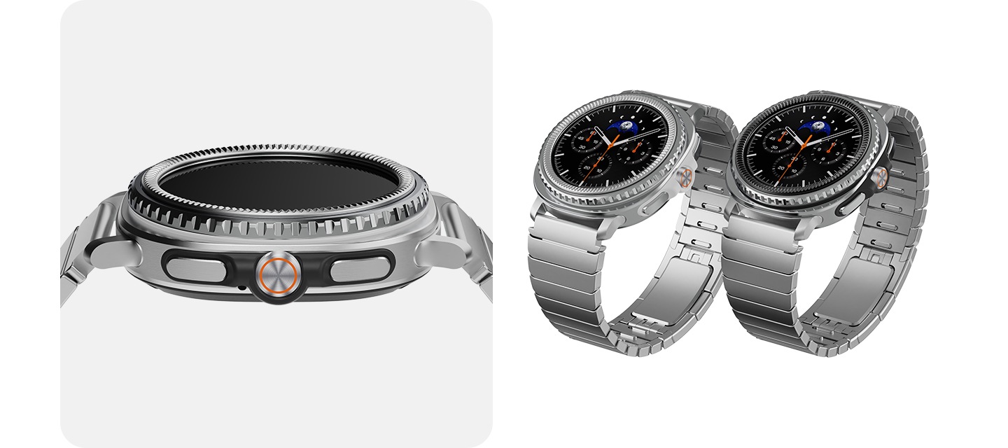 이미지 두 개가 있습니다. 왼쪽에는 메탈 밴드와 실버, 블랙 베젤링이 장착된 갤럭시 워치8 클래식이 보이고 있고, 오른쪽에는 메탈밴드가 장착된 갤럭시 워치8 클래식을 착용한 남자가 보이고 있습니다.