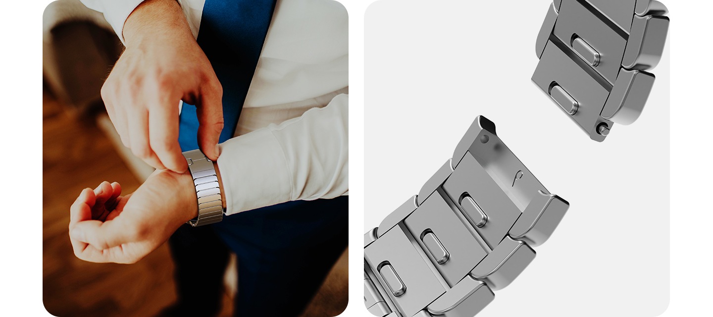 이미지 두 개가 있습니다. 왼쪽에는 메탈 밴드를 착용하려고 하는 남자가 있고, 오른쪽에는 길이 조절이 가능한 메탈 밴드의 기능을 상세히 보여주고 있습니다.