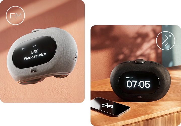 왼쪽에는 라디오가 재생 중인 HORIZON 3가 보이며, 오른쪽에는 휴대폰과 블루투스 연결된 HORIZON 3가 보입니다.