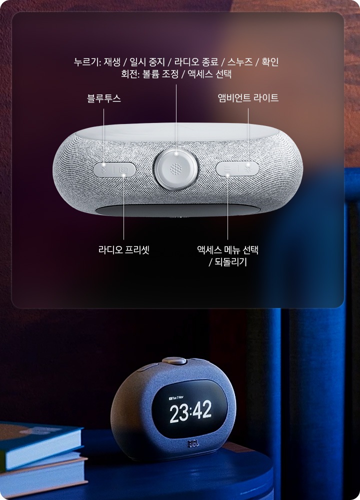 서랍 위에 HORIZON 3가 놓여 있습니다. 왼쪽에는 HORIZON 3위 상단이 보입니다. 버튼 별로 설명이 되어 있습니다. 