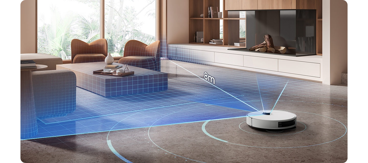 어두운 회색 바닥과 우드톤의 거실을 배경으로 이미지 왼쪽 부분에는 우드로 제작된 동그랗고 높은 사이드 테이블이 놓여 있고 테이블 위에는 책 2권이 올려져 있으며 그 옆으로 소파의 옆모습이 노출되어 있습니다. 소파 앞에는 우드로 제작된 테이블이 놓여 있고 테이블 위에는 도자기 장식과 우드 쟁반 위에 컵이 있습니다. 카랴멜 색상의 1인용 소파 2개가 테이블 주위로 배치되어 있습니다. 왼쪽에 있는 1인용 소파 뒤에는 큰 거실 창이 있고 오른쪽 부분에 있는 1인용 소파의 뒤에는 TV와 책이 조금 꽂혀 있는 책장이 있으며, 이미지 오른쪽 하단 부분에 Bespoke AI 스팀 울트라의 뒷모습과 함께 dToF LIDAR 주행 센서를 사용하여 최대 8m 이내의 물체를 감지하는 모습을 알려주는 이미지가 있습니다. dToF LIDAR 주행 센서에서 파란색 빛이 나가는 모습과  빛 위에 8m 텍스트가 쓰여 있으며 스팀 주위로 연한 파란색 동그라미가 있습니다.