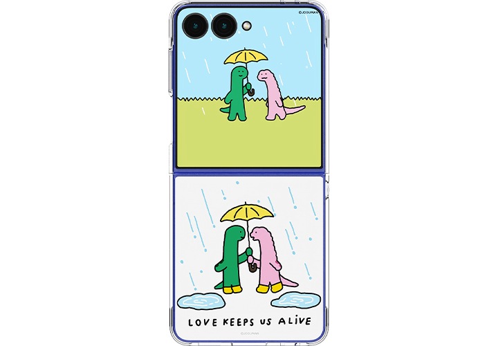 노란 우산을 쓰고 있던 브라키오에게 디플로가 다가오고 서로 바라보다 해가 떠오르고 브라키오와 디플로가 서로 손을 잡고 다른 손으로 손 인사를 하고 있습니다.