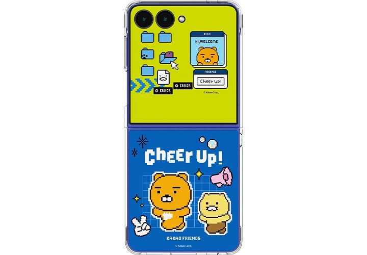 에러버튼 두개가 떠 있는 화면 왼쪽에 폴더 5개가 있고 오른쪽 위쪽에 라이언, 그 아래에 hi, welcome 이라고 적혀있는 프로필이 있습니다. 프로필 아래에 있는 cheer up! 메시지를 클릭하자 오른쪽 맨 아래에 있는 폴더에서 고구마가 쏟아져 나옵니다. 폴더를 움직이자 폴더가 닫히며 고구마가 나오지 않습니다. 폴더를 다시 한번 움직이고 열자 고구마가 다시 쏟아져 나옵니다.