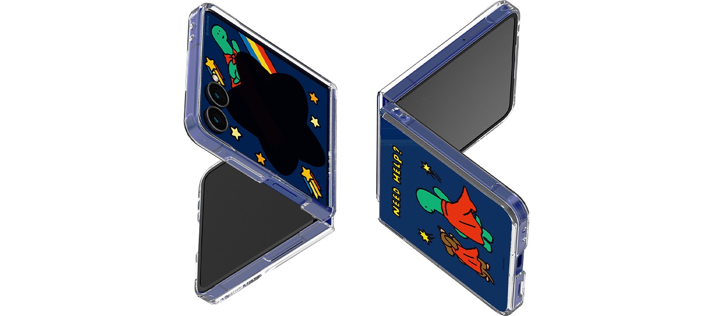 조구만 브라키오&우디 플립수트 카드 with 케이스를 장착한 갤럭시 Z 플립7 두 대가 살작 접힌 채 서로 상하좌우 반전되어 있고, 플렉스 윈도우에는 포토 프레임이 보여지고 있습니다.