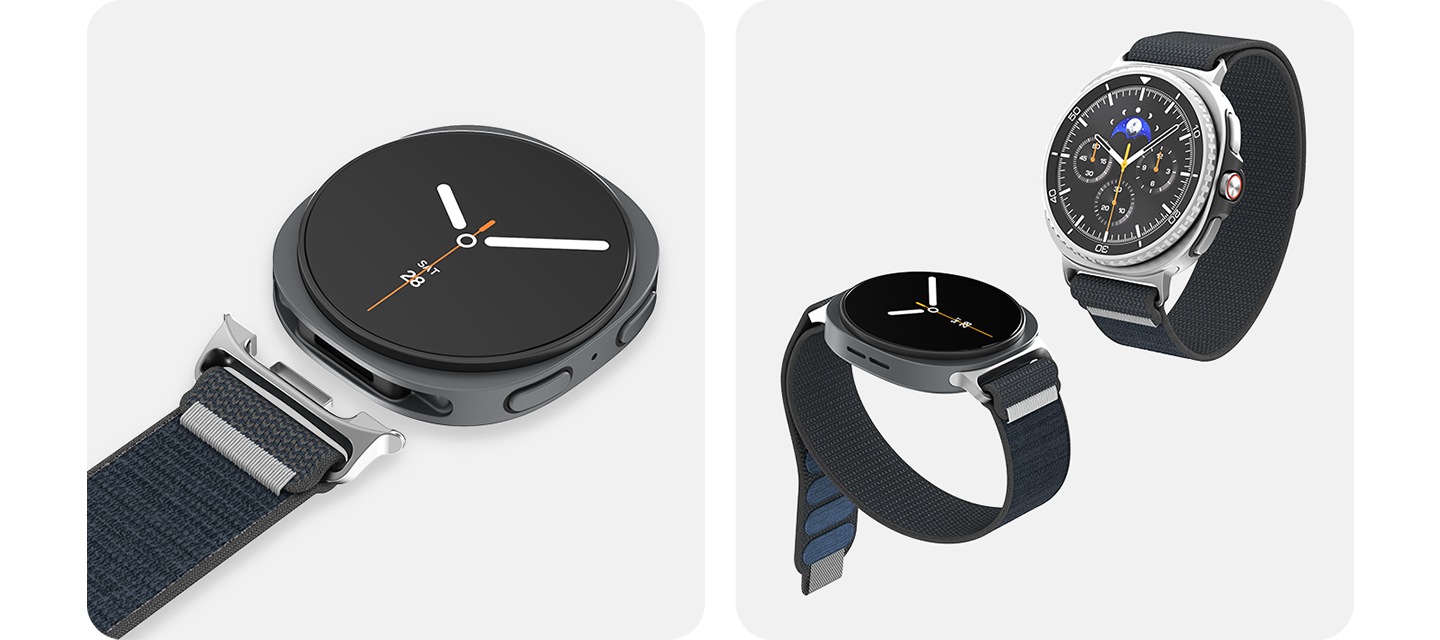 이미지 두 개가 있습니다. 왼쪽 이미지는 갤럭시 워치8과 밸크로 밴드가 가까이 있고, 오른쪽 이미지는 벨크로 밴드를 장착한 갤럭시 워치8과 갤럭시 워치8 클래식이 보이고 있습니다.