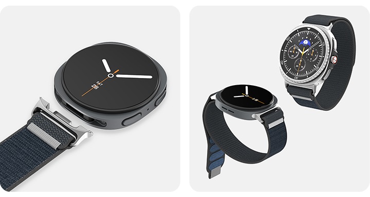 이미지 두 개가 있습니다. 왼쪽 이미지는 갤럭시 워치8과 밸크로 밴드가 가까이 있고, 오른쪽 이미지는 벨크로 밴드를 장착한 갤럭시 워치8과 갤럭시 워치8 클래식이 보이고 있습니다.