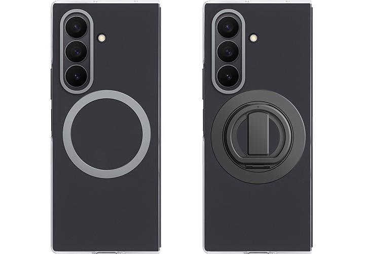 클리어 마그넷 케이스를 장착한 갤럭시 Z 폴드7 두 대가 있고, 왼쪽에는 케이스만 장착한 모습, 오른쪽에는 케이스와 함께 마그넷 링홀더를 장착한 모습이 보이고 있습니다.