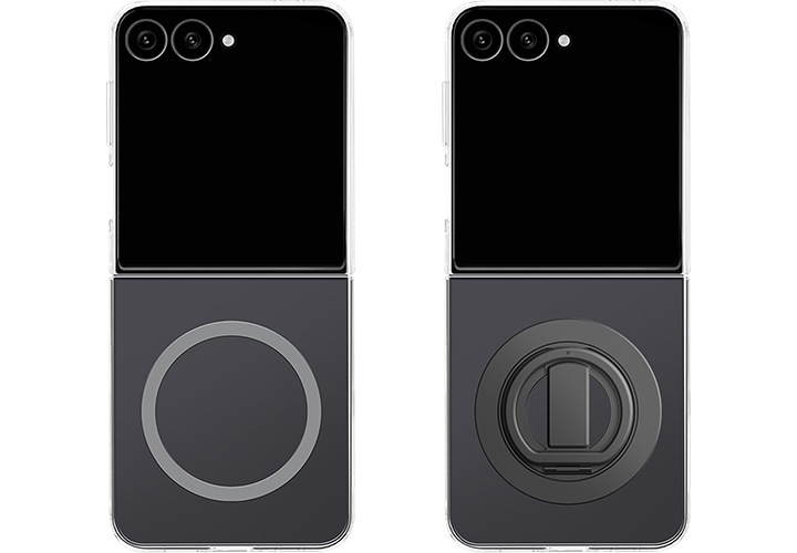 왼쪽은 갤럭시 Z 플립7에 클리어 마그넷 케이스만 장착되어 있고, 오른쪽에는 케이스와 마그넷 링홀더가 장착되어 있습니다.