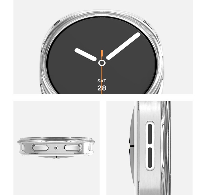 이미지 세 개가 있습니다. 위 이미지는 클리어 케이스를 장착한 갤럭시 워치8가 보이고, 하단 왼쪽 이미지는 클리어 케이스를 장착한 갤럭시 워치8 버튼쪽 측면 이미지가 보입니다. 하단 오른쪽 이미지는 클리어 케이스를 장착한 갤럭시 워치8 하단 측면이 보이고 있습니다.