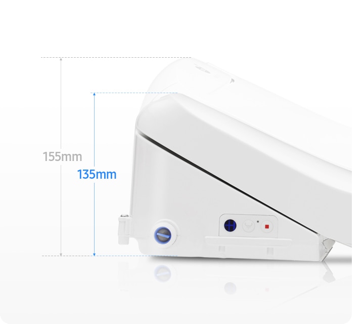 삼성 비데의 옆모습이 보여지고 비데의 높이가 기존 155mm에서 현재 135mm로 높이가 다른것을 보여지고 있습니다.