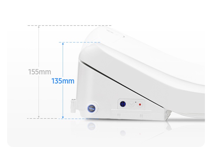 삼성 비데의 옆모습이 보여지고 비데의 높이가 기존 155mm에서 현재 135mm로 높이가 다른것을 보여지고 있습니다.