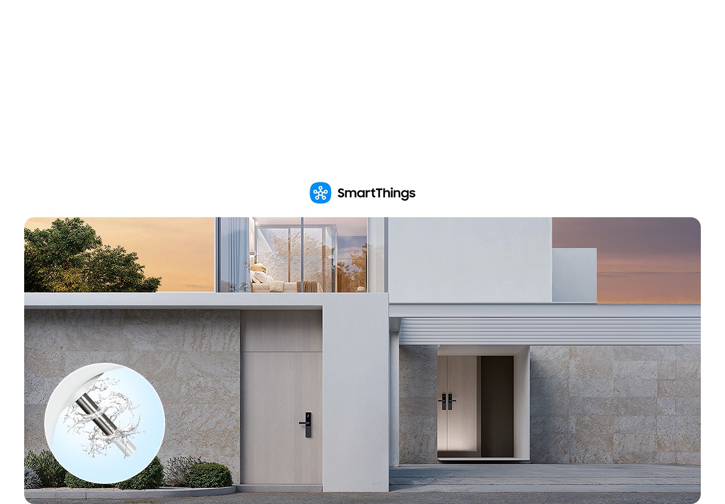 상단에 스마트싱스 로고가 보여지고 아래의 집 외관의 모습이 보여지고 좌측 하단에 비대 노즐이 나와 세척하는듯한 모습이 보여지며, 외부에서도 관리가 가능하는 듯한 이미지를 보여주고 있습니다.