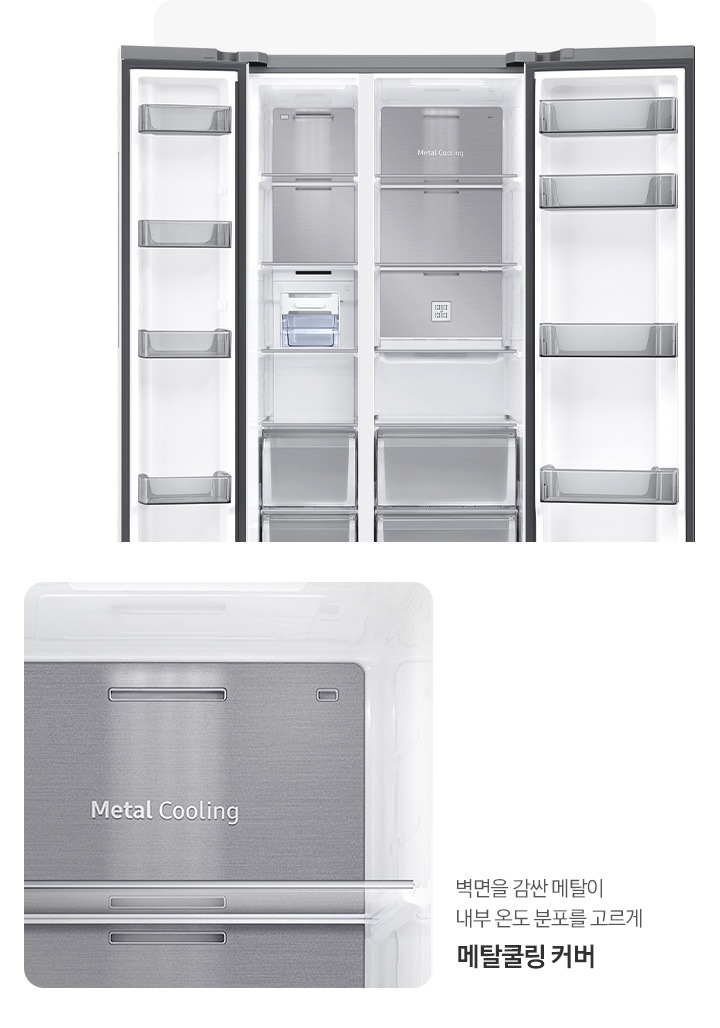 냉장고 도어 오픈된 내상컷과 메탈쿨링 커버가 확대되어 있는 이미지 입니다. 벽면을 감싼 메탈이 내부 온도 분포를 고르게 메탈쿨링 커버.