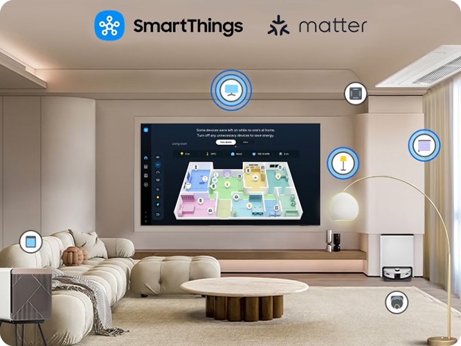 청소기, 에어컨, 조명 등 집 안의 다양한 스마트 기기와 TV가 연결되어 있는 모습을 보여주고 있습니다.