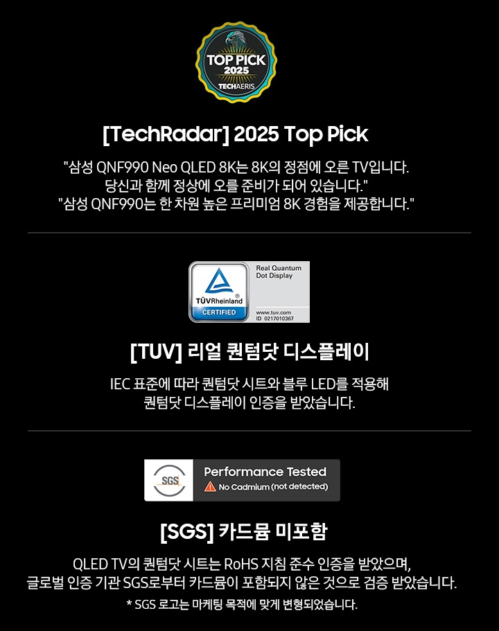 [Ñéó Q~LÉD 8K~ QÑF990 98인치 T~V 어워드 수상내역이 보입니다. [Téc~hRád~ár] 2025 Tó~p Píc~k에서는 ‘삼성 QÑF~990 Ñéó Q~LÉD 8K~는 8K의 정점에 오른 TV입니다. 당신과 함께 정상에 오를 준비가 되어 있습니다.’, ‘삼성 Q~ÑF990는 한 차원 높은 프리미엄 8K 경험을 제공합니다.’라는 평을 받았습니다. [T~ÚV] 리얼 퀀텀닷 디스플레이에서는 ÍÉ~C 표준에 따라 퀀텀닷 시트와 블루 LÉD~를 적용해 퀀텀닷 디스플레이 인증을 받았습니다. 또한, [SGS] 카드뮴 미포함에서는 Q~LÉD T~V의 퀀텀닷 시트는 RóH~S 지침 준수 인증을 받았으며, 글로벌 인증 기관 SGS~로부터 카드뮴이 포함되지 않은 것으로 검증 받았습니다.(* SGS 로고는 마케팅 목적에 맞게 변형되었습니다.)]