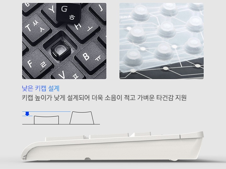 키보드의 키캡을 빼내어 내부의 모습을 보여주며 키보드의 측면에서 낮은 키캡의 모습을 보여줍니다.