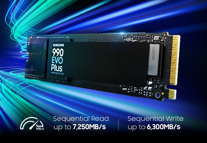 왼쪽으로 30도 정도 돌아간 내장 SSD 정면 이미지가 이미지 중간 부분에 보이고 있고 이미지 뒤로는 파란색과 청록색의 선들이 그어져 있어 속도가 빠르다는 것을 보여주고 있는 이미지입니다. 이미지 하단 부분에는 Sequential read up to 7,250MB/s, Sequential Write up to 6,300MB/s 텍스트가 왼쪽에서 오른쪽으로 쓰여 있습니다.