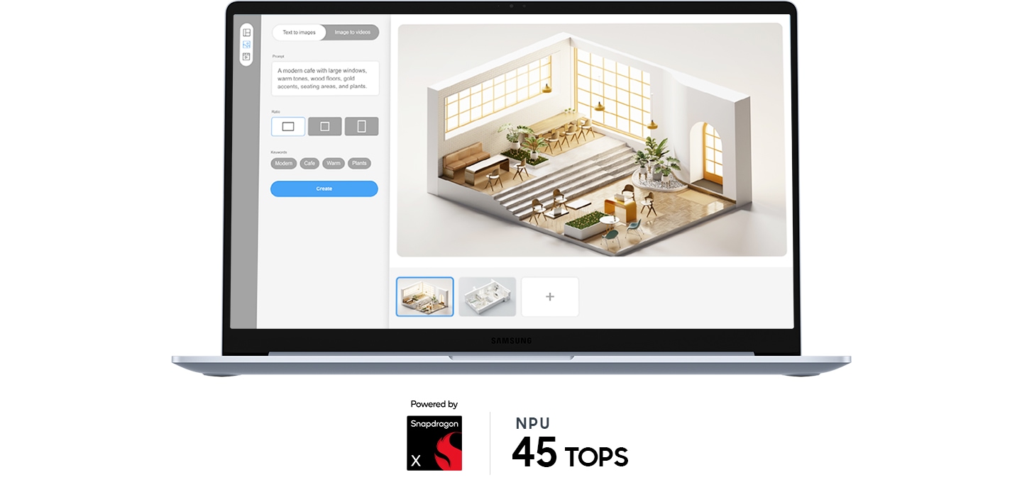 정면을 향해 열려 있는 갤럭시 북4 엣지 화면에 AI 이미지 및 영상 생성 앱이 실행되어 있습니다. 입력한 프롬프트에 따라 이미지가 생성된 모습이 나타나 있습니다. 기기 하단에는 Snapdragon® X 프로세서 탑재 및 NPU 45 TOPS 문구가 함께 표시되어 있습니다.
