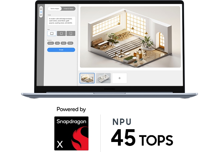 정면을 향해 열려 있는 갤럭시 북4 엣지 화면에 AI 이미지 및 영상 생성 앱이 실행되어 있습니다. 입력한 프롬프트에 따라 이미지가 생성된 모습이 나타나 있습니다. 기기 하단에는 Snapdragon® X 프로세서 탑재 및 NPU 45 TOPS 문구가 함께 표시되어 있습니다.