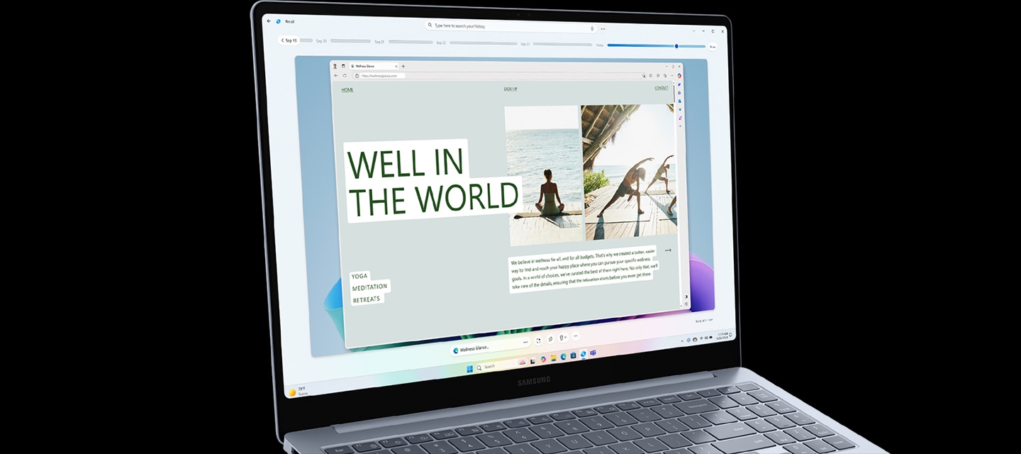 갤럭시 북4 엣지가 오른쪽을 향해 열려 있고, Windows Copilot에서 리콜을 사용해 활동 기록을 확인하는 장면입니다. 화면에는 웹 활동 타임라인과 함께 웰빙 관련 웹 페이지가 나타납니다.