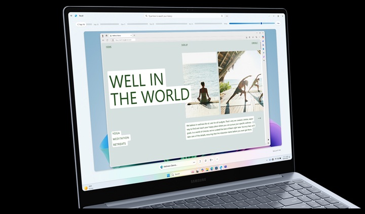 갤럭시 북4 엣지가 오른쪽을 향해 열려 있고, Windows Copilot에서 리콜을 사용해 활동 기록을 확인하는 장면입니다. 화면에는 웹 활동 타임라인과 함께 웰빙 관련 웹 페이지가 나타납니다.