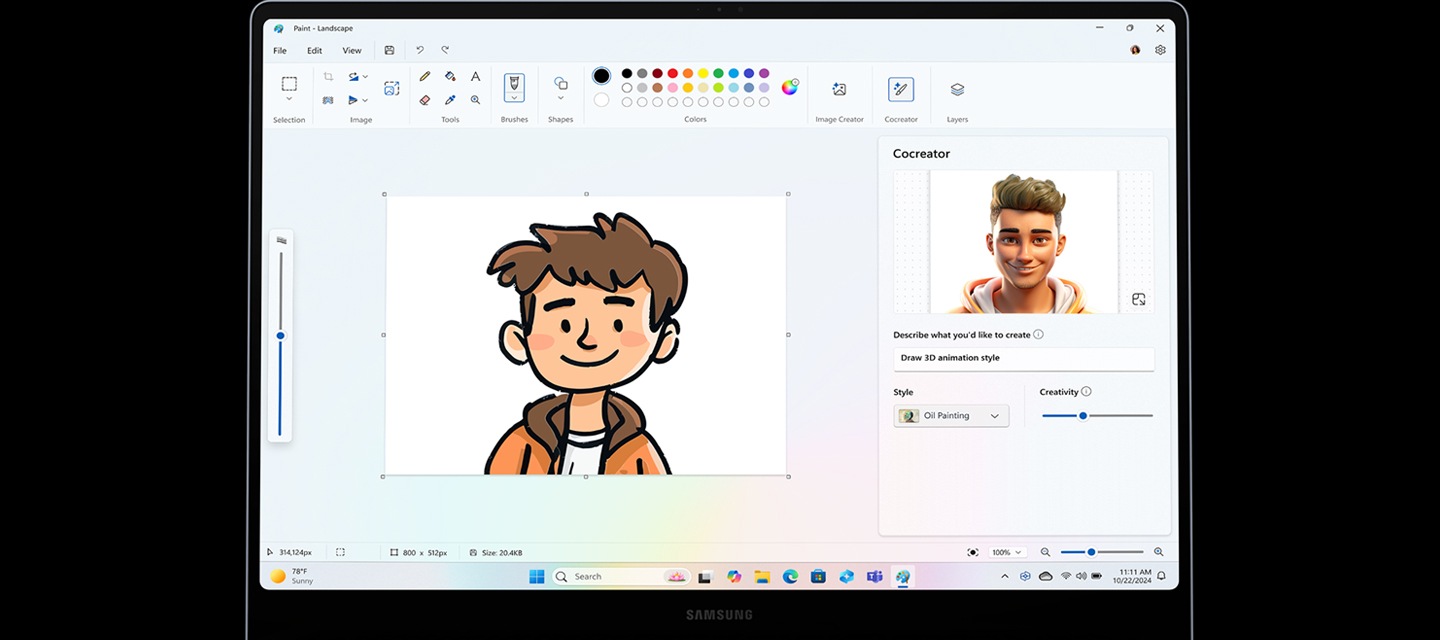 갤럭시 북4 엣지의 화면에 그림판이 실행되어 있습니다. Cocreator 기능을 사용하여 간단한 인물 스케치를 3D 애니메이션 스타일의 AI 이미지로 변환하고 있는 모습입니다.