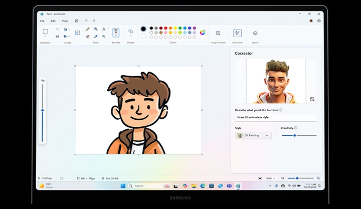 갤럭시 북4 엣지의 화면에 그림판이 실행되어 있습니다. Cocreator 기능을 사용하여 간단한 인물 스케치를 3D 애니메이션 스타일의 AI 이미지로 변환하고 있는 모습입니다.