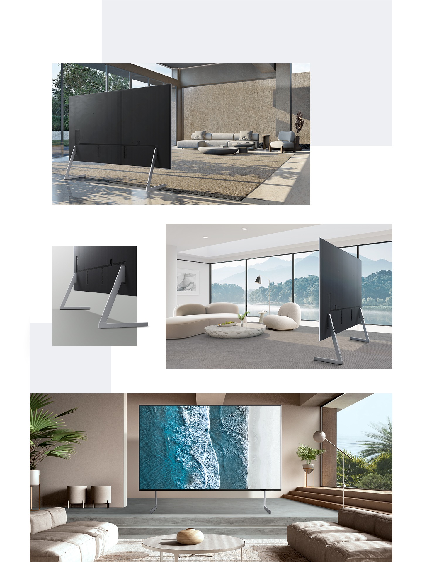 첫번째 이미지는 거실에 플로어 스탠드가 장착된 TV의 뒷면이 보입니다. 두번째 이미지는 왼쪽은 TV에 플로어 스탠드가 장착되어 있으며, 플로어 스탠드가 확대되어 보입니다. 오른쪽은 거실에 플로어 스탠드가 장착된 TV의 측면이 보입니다. 마지막 이미지는 거실 중앙에 플로어 스탠드가 장착된 TV가 놓여 있습니다. 화면에는 파도가치는 해변이 보입니다.