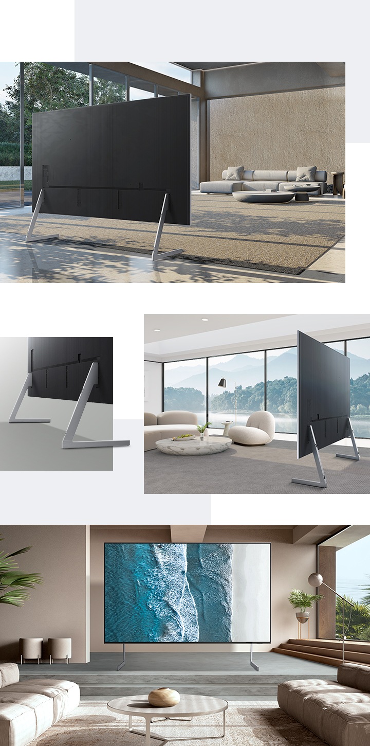 첫번째 이미지는 거실에 플로어 스탠드가 장착된 TV의 뒷면이 보입니다. 두번째 이미지는 왼쪽은 TV에 플로어 스탠드가 장착되어 있으며, 플로어 스탠드가 확대되어 보입니다. 오른쪽은 거실에 플로어 스탠드가 장착된 TV의 측면이 보입니다. 마지막 이미지는 거실 중앙에 플로어 스탠드가 장착된 TV가 놓여 있습니다. 화면에는 파도가치는 해변이 보입니다.
