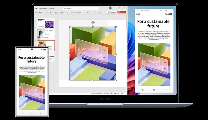 휴대폰과 연결 앱으로 갤럭시 S24 울트라와 연결된 갤럭시 북4 엣지가 있습니다. 스마트폰 화면에 바로 접속하여 이미지를 복사한 후 노트북의 프레젠테이션 파일에 붙여 넣고 있는 모습입니다.