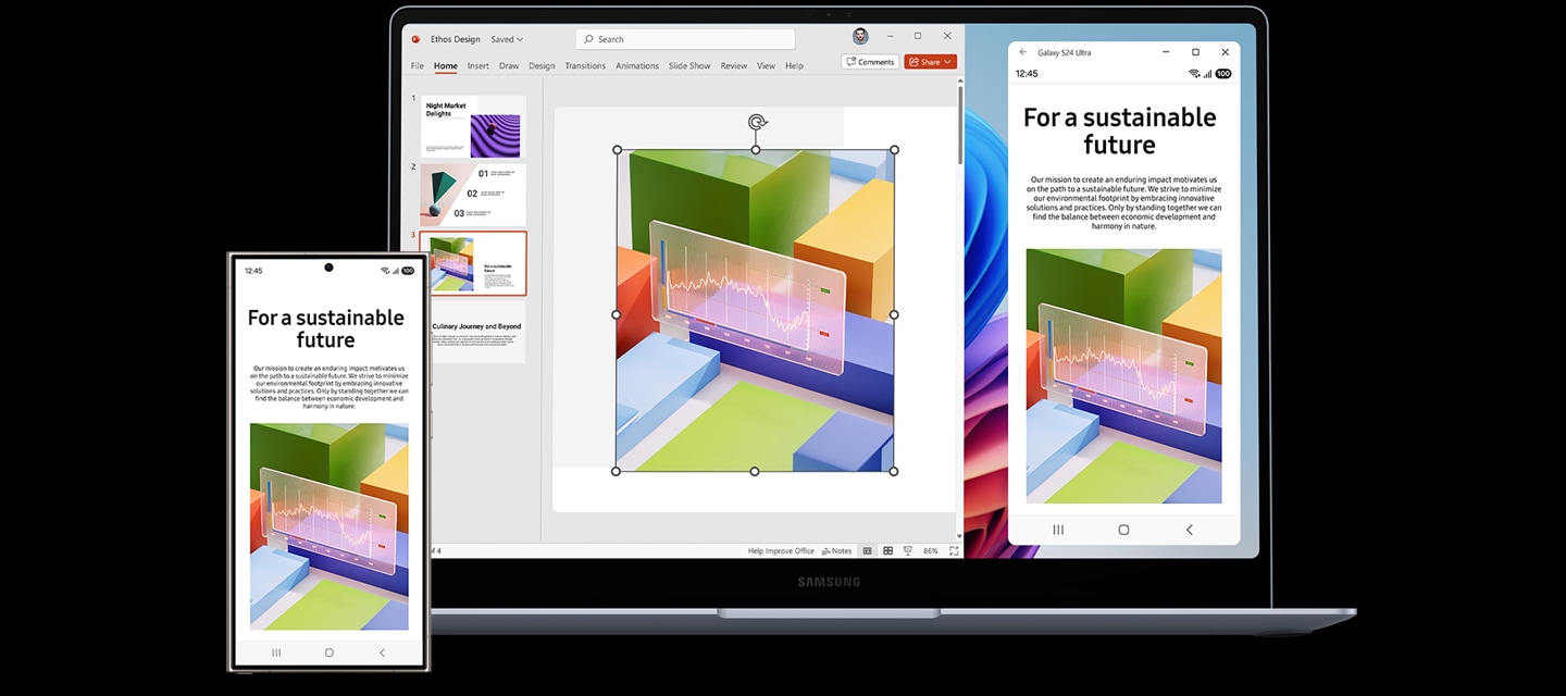 휴대폰과 연결 앱으로 갤럭시 S24 울트라와 연결된 갤럭시 북4 엣지가 있습니다. 스마트폰 화면에 바로 접속하여 이미지를 복사한 후 노트북의 프레젠테이션 파일에 붙여 넣고 있는 모습입니다.