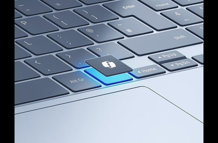 갤럭시 북4 엣지의 키보드와 터치패드 영역을 클로즈업한 이미지입니다. AI 전용 키가 강조되어 키보드 위로 떠오르는 모습으로 표현되어 있습니다.