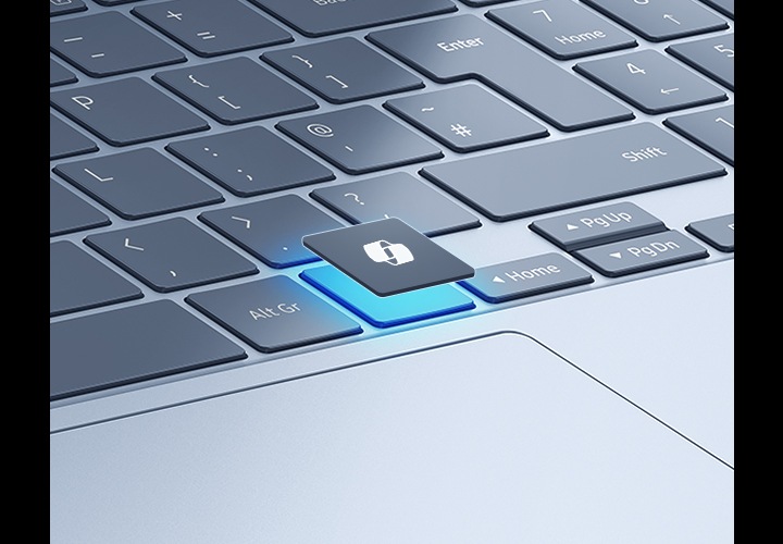 갤럭시 북4 엣지의 키보드와 터치패드 영역을 클로즈업한 이미지입니다. AI 전용 키가 강조되어 키보드 위로 떠오르는 모습으로 표현되어 있습니다.