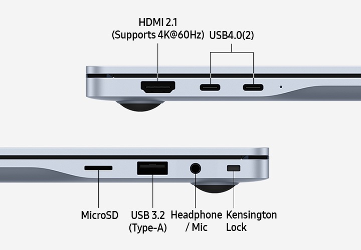 갤럭시 북4 Edge 2대가 각각 왼쪽과 오른쪽의 포트 레이아웃을 드러내며 나란히 배치되어 있습니다. HDMI 2.1(4K@60Hz 지원), USB4.0(2), MicroSD, USB 3.2(TYPE-A), 헤드폰/마이크, 켄싱턴 락이 각 포트 위에 표시되어 다양한 포트 구성을 강조합니다.