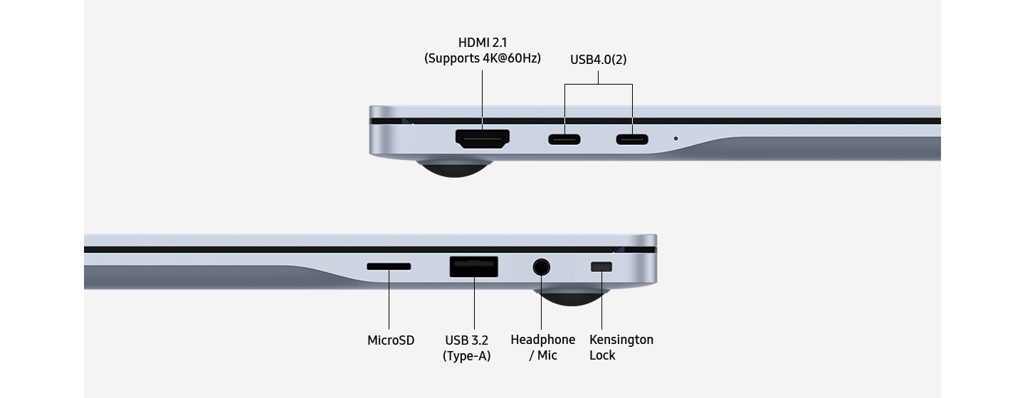 갤럭시 북4 Edge 2대가 각각 왼쪽과 오른쪽의 포트 레이아웃을 드러내며 나란히 배치되어 있습니다. HDMI 2.1(4K@60Hz 지원), USB4.0(2), MicroSD, USB 3.2(TYPE-A), 헤드폰/마이크, 켄싱턴 락이 각 포트 위에 표시되어 다양한 포트 구성을 강조합니다.