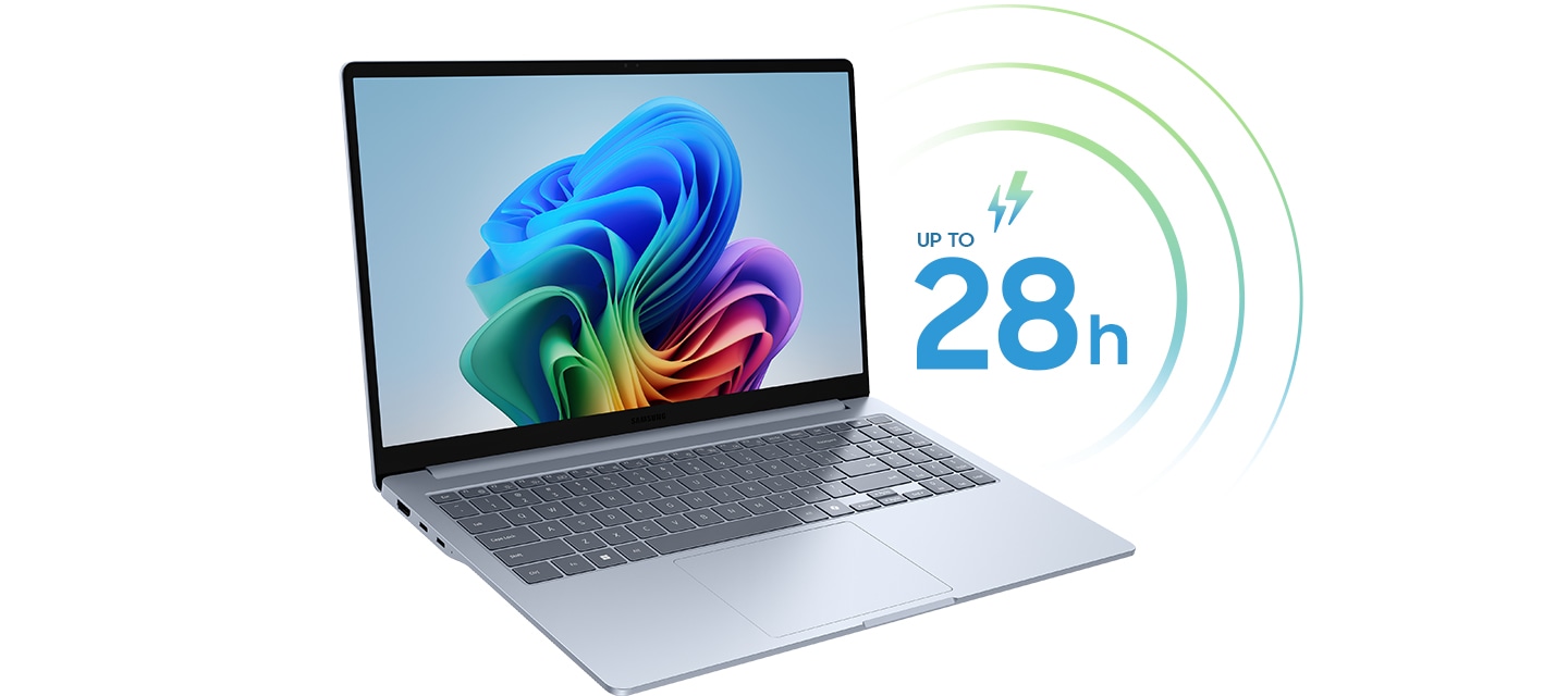 갤럭시 북4 엣지가 오른쪽을 향해 열려 있고, 컬러풀한 배경화면이 띄워져 있습니다. 옆에는 배터리 지속 시간이 최대 28시간이라고 적혀 있습니다.