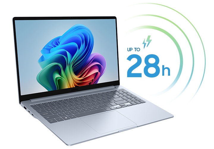 갤럭시 북4 엣지가 오른쪽을 향해 열려 있고, 컬러풀한 배경화면이 띄워져 있습니다. 옆에는 배터리 지속 시간이 최대 28시간이라고 적혀 있습니다.