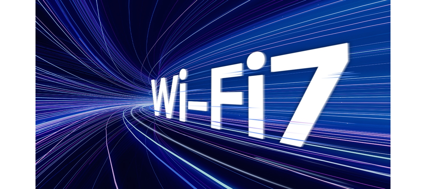 터널 안에 Wi-Fi 7이라는 흰색 글자가 적혀 있고, 그 주위에는 빠른 움직임을 나타내는 다채로운 빛줄기가 지나가며 Wi-Fi 7의 속도를 강조합니다.