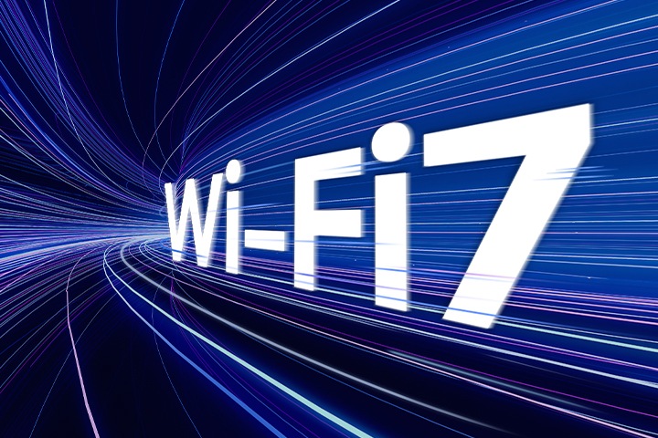 터널 안에 Wi-Fi 7이라는 흰색 글자가 적혀 있고, 그 주위에는 빠른 움직임을 나타내는 다채로운 빛줄기가 지나가며 Wi-Fi 7의 속도를 강조합니다.