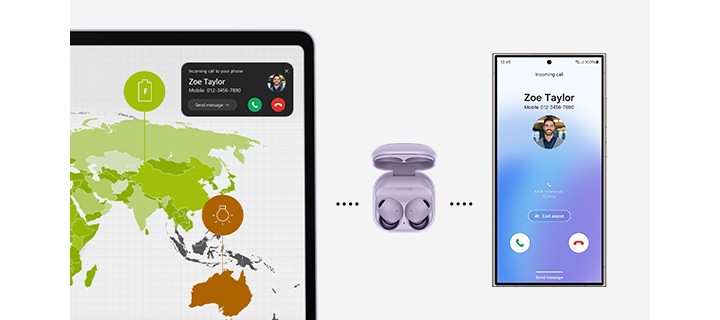 갤럭시 북4 엣지로 프레젠테이션을 하고 있고, 페어링 되어 있던 갤럭시 S24 울트라 화면에는 통화 수신창이 표시됩니다. 노트북 화면에 통화 알림이 뜨고 갤럭시 버즈2 프로의 Auto Switch 기능이 작동하여 오디오가 스마트폰으로 매끄럽게 연결됩니다.