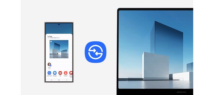 갤럭시 S24 울트라에서 선택한 이미지가 퀵 쉐어를 통해 갤럭시 북4 엣지로 공유되는 모습입니다. 두 기기 사이에 퀵 쉐어 아이콘이 표시되어 있습니다.