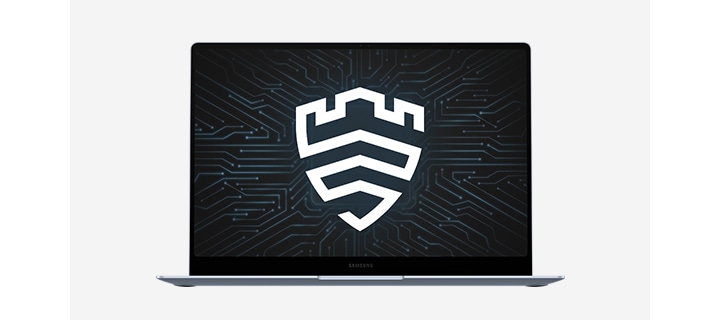 정면을 향해 열려 있는 갤럭시 북4 엣지 기기 화면 위로 보안을 상징하는 삼성 Knox 로고가 함께 표시되어 있습니다.