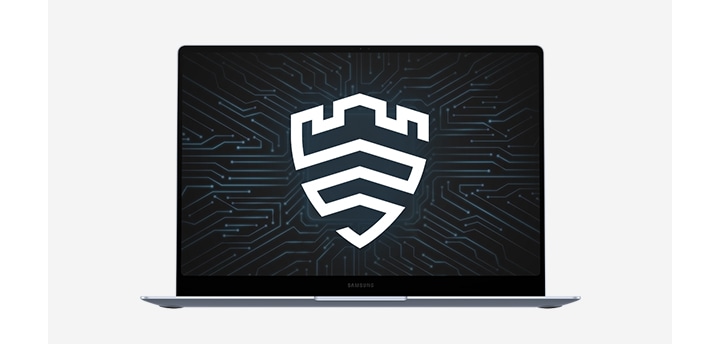 정면을 향해 열려 있는 갤럭시 북4 엣지 기기 화면 위로 보안을 상징하는 삼성 Knox 로고가 함께 표시되어 있습니다.