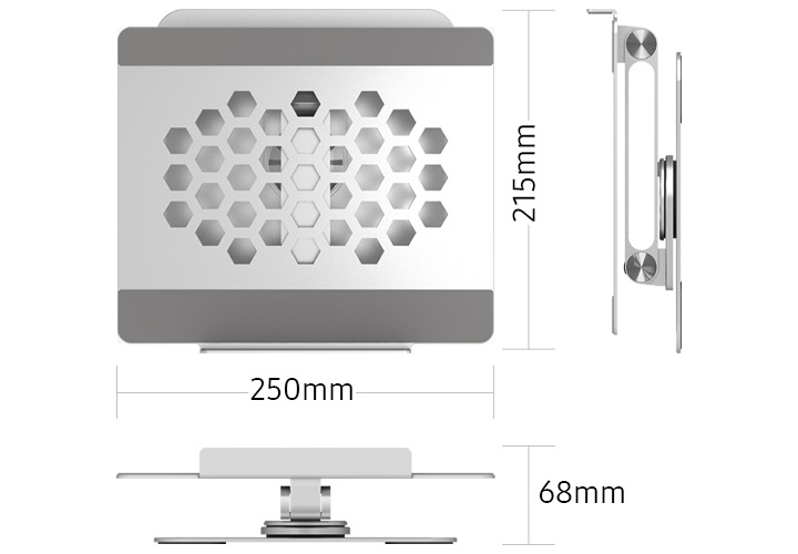 노트북 거치대의 사이즈를 보여줍니다. 가로 250mm, 세로 215mm, 접힌 상태의 높이 68mm.