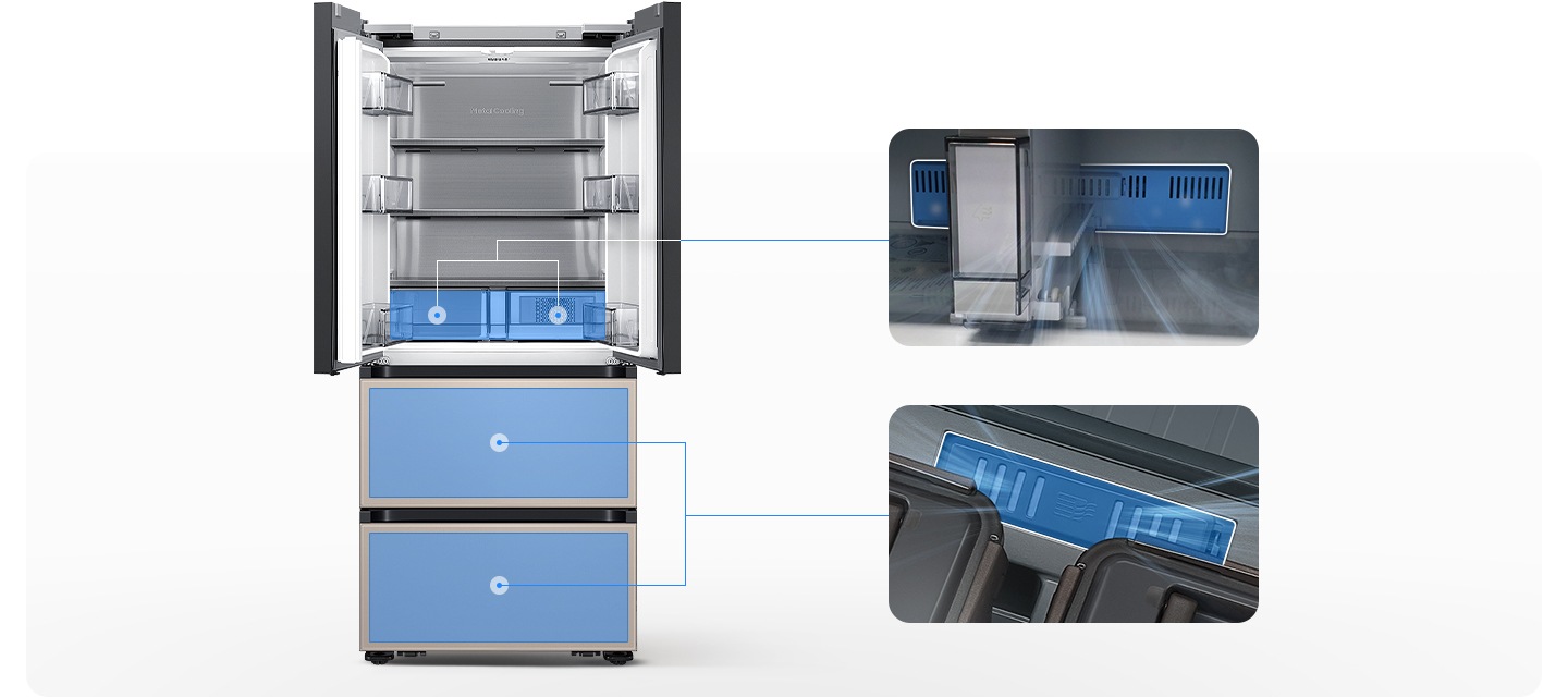 좌측에는 김치냉장고 상칸이 오픈되어있습니다. 김치냉장고 상칸 서랍 부분과 중칸, 하칸이 각각 파란색 배경으로 표시되어 있으며 각 부분이 우측 내상컷과 이어져 있습니다. 우측에는 프레쉬 필터가 위치한 각 냉장고 내상 부분별 실제 제품컷이 나와있으며 해당 필터 부분이 흰색으로 표시되어 있고 그 부분에서 공기가 정화되는듯한 연출 이미지가 나와있습니다.