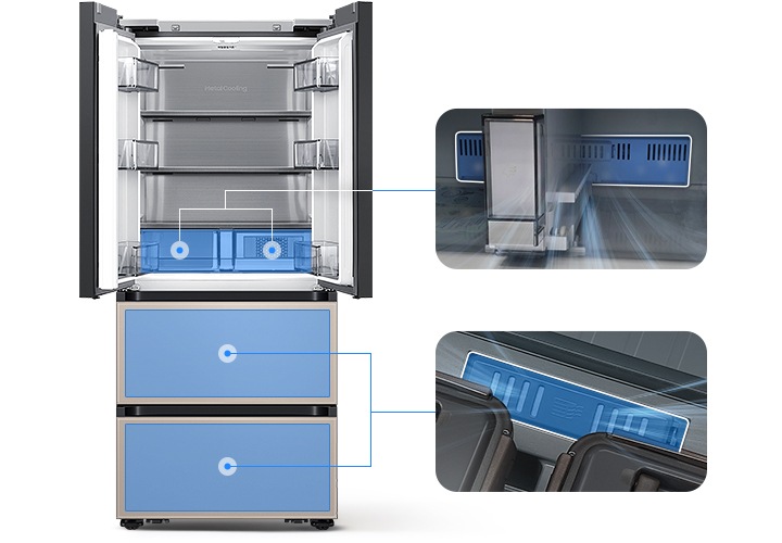 좌측에는 김치냉장고 상칸이 오픈되어있습니다. 김치냉장고 상칸 서랍 부분과 중칸, 하칸이 각각 파란색 배경으로 표시되어 있으며 각 부분이 우측 내상컷과 이어져 있습니다. 우측에는 프레쉬 필터가 위치한 각 냉장고 내상 부분별 실제 제품컷이 나와있으며 해당 필터 부분이 흰색으로 표시되어 있고 그 부분에서 공기가 정화되는듯한 연출 이미지가 나와있습니다.