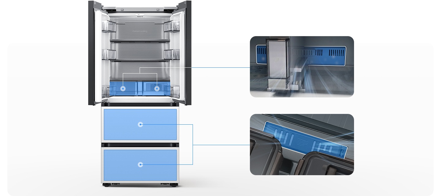 좌측에는 김치냉장고 상칸이 오픈되어있습니다. 김치냉장고 상칸 서랍 부분과 중칸, 하칸이 각각 파란색 배경으로 표시되어 있으며 각 부분이 우측 내상컷과 이어져 있습니다. 우측에는 프레쉬 필터가 위치한 각 냉장고 내상 부분별 실제 제품컷이 나와있으며 해당 필터 부분이 흰색으로 표시되어 있고 그 부분에서 공기가 정화되는듯한 연출 이미지가 나와있습니다.