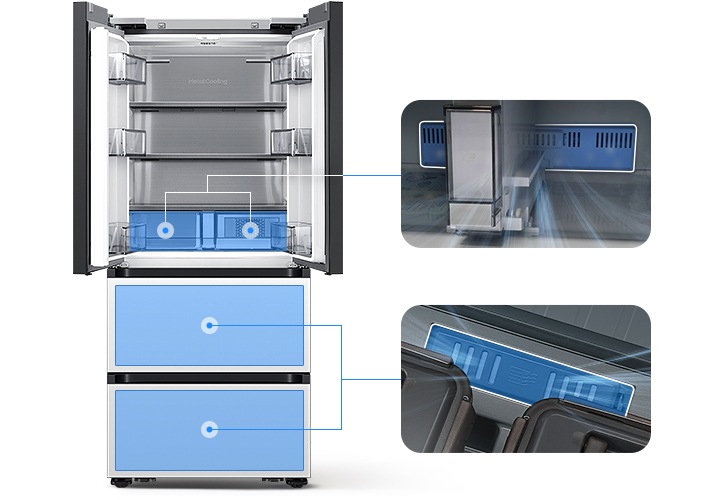 좌측에는 김치냉장고 상칸이 오픈되어있습니다. 김치냉장고 상칸 서랍 부분과 중칸, 하칸이 각각 파란색 배경으로 표시되어 있으며 각 부분이 우측 내상컷과 이어져 있습니다. 우측에는 프레쉬 필터가 위치한 각 냉장고 내상 부분별 실제 제품컷이 나와있으며 해당 필터 부분이 흰색으로 표시되어 있고 그 부분에서 공기가 정화되는듯한 연출 이미지가 나와있습니다.